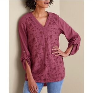 Soft Surroundings Linen Blend Floral Embroidered V-neck Blouse